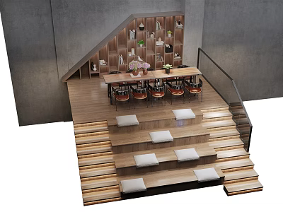 Wooden Staircase with White Cushioned Seating and Shelves with Decorations in Modern Industrial Lounge Area 3d model
