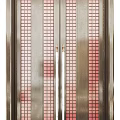 Modern Double Doors Design With Wooden Frame Red Circular Accents And Grid Patterns