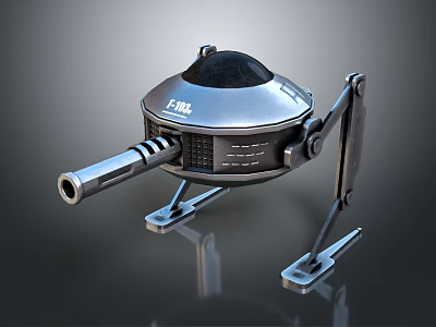 Metallic Mechanical Device With Circular Body FIBER Label Three Legged Stand And Cannon Like Barrel 3d model