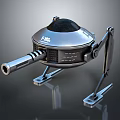 Metallic Mechanical Device With Circular Body FIBER Label Three Legged Stand And Cannon Like Barrel