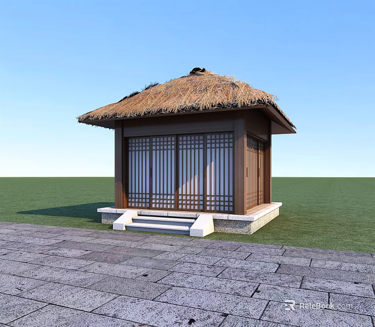 Traditional Thatched Cottage with Thatched Roof Wooden Sliding Doors and Stone Steps on Green Grass 3d model 