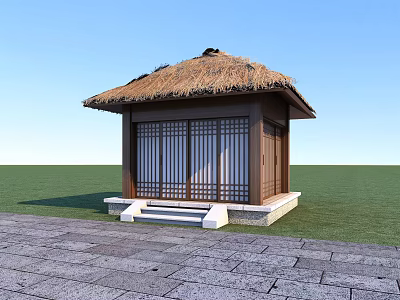 Traditional Thatched Cottage with Thatched Roof Wooden Sliding Doors and Stone Steps on Green Grass 3d model