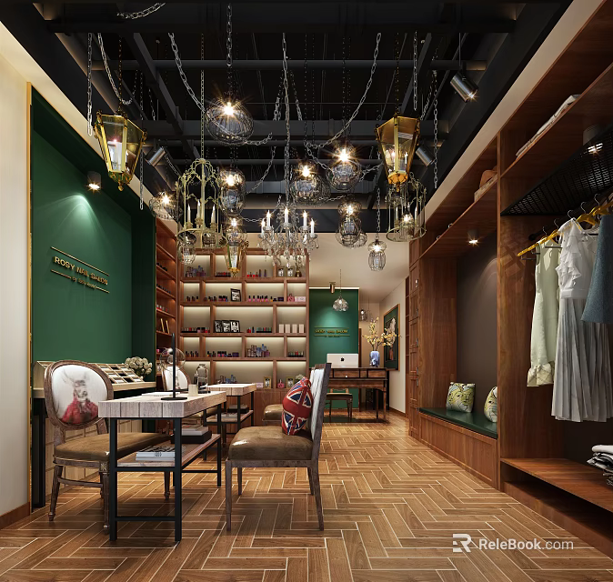 Beauty Hair Salon Interior Design With Green Walls Chandeliers Wooden Shelves And Chairs 3d model 