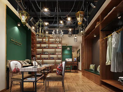 Beauty Hair Salon Interior Design With Green Walls Chandeliers Wooden Shelves And Chairs 3d model