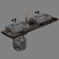 Rustic Double Washbasin Vanity With Marble Basins Wooden Countertop Stone Base And Flower Vase