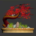 Game Movie Character Bonsai Scene With Red Maple Leaves Small Frog And Lotus Pond