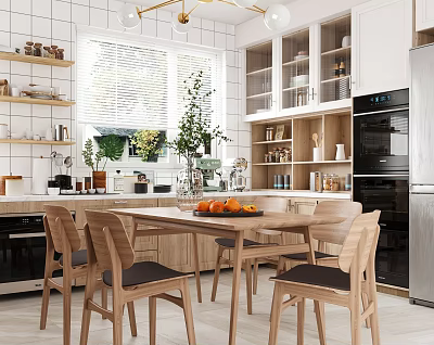 Cozy Restaurant Dining Area With Wooden Table Chairs Cabinet Shelves Window And Plants 3d model