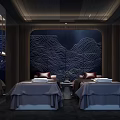 Luxurious SPA Sauna Room With Massage Beds Dark Wooden Decor And Wavy Wall Art