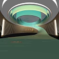 Modern Architectural Space With Spiral Green Structure Golden Walls And Grid Floor