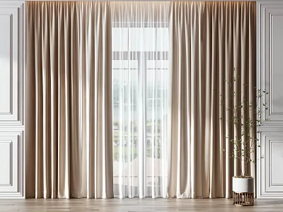 Beige Curtains With Sheer Layers For Window In Interior With Natural View And Plant 3d model