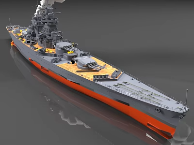 Gray Battleship with Orange Bottom Multiple Turrets Smoking Chimney and Deck Equipment 3d model