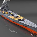 Gray Battleship with Orange Bottom Multiple Turrets Smoking Chimney and Deck Equipment 3d model