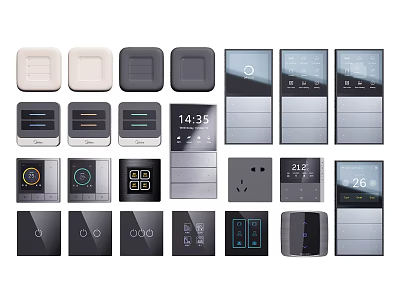 Diverse Modern Switch Panels Featuring Various Colors Designs and Smart Digital Displays 3d model