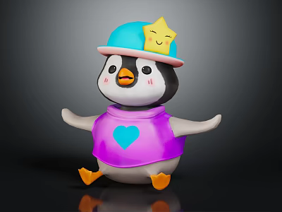 Cute Cartoon Penguin With Blue Hat Yellow Star Purple Shirt And Blue Heart 3d model