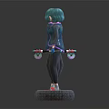3D Female Character Models With Green Hair Purple Trim Outfit And Tire Base Stand