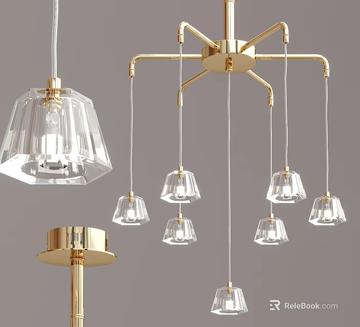 Modern Gold Chandelier With Transparent Glass Shades And Hanging Multiple Lights Design 3d model 