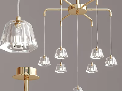 Modern Gold Chandelier With Transparent Glass Shades And Hanging Multiple Lights Design 3d model