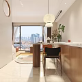 Modern Apartment Interior With Open Layout Wooden Cabinets White Tiled Walls Pendant Lamp And Plants