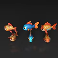 Cute Cartoon Style Orange Blue Fish With Big Eyes Six Arranged Two Rows Reflections