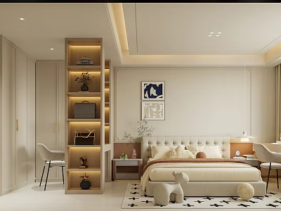 Modern Bedroom Interior With Bed Pillows Lit Shelving Unit Wall Art And Chair 3d model