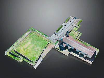 Scenic Aerial Landscape of Historic Fort with Green Lawn and Red Roof Buildings 3d model