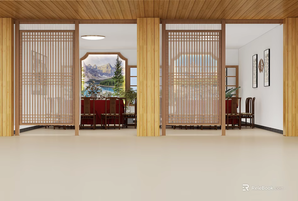 Traditional Chinese Private Dining Box Interior With Wooden Lattice Screens Dining Table And Chairs 3d model 
