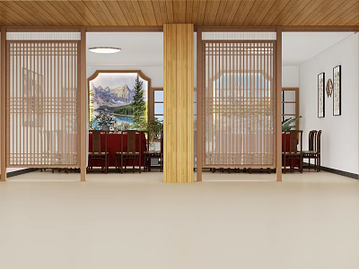 Traditional Chinese Private Dining Box Interior With Wooden Lattice Screens Dining Table And Chairs 3d model