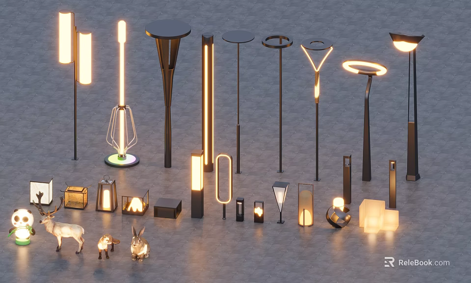 Stylish Outdoor Lights With Various Modern Designs Different Shapes And Animal Decorations 3d model 