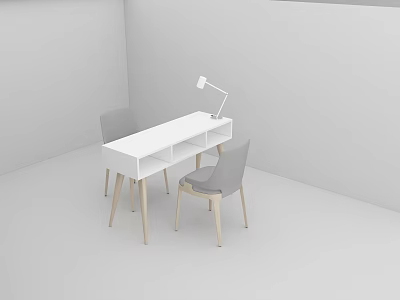 Modern White Desk With Wooden Legs Gray Chairs And Table Lamp 3d model