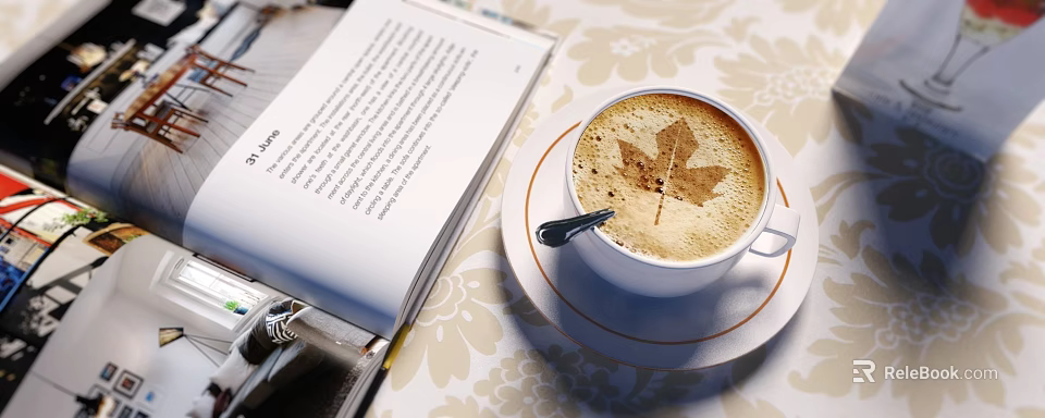 Coffee Cup With Maple Leaf Latte Art Next To Open Book On Floral Tablecloth 3d model 