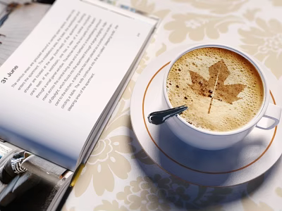 Coffee Cup With Maple Leaf Latte Art Next To Open Book On Floral Tablecloth 3d model