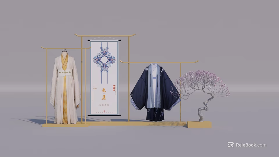 Traditional Chinese Clothing Display with Gold Rack Scroll Banner and Plum Blossom Tree 3d model 