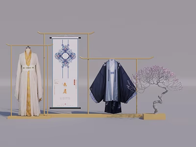 Traditional Chinese Clothing Display with Gold Rack Scroll Banner and Plum Blossom Tree 3d model