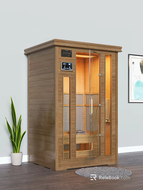 Modern Wooden Sauna Cabin With Glass Door Control Panel Lighting And Green Plant In Interior 3d model 