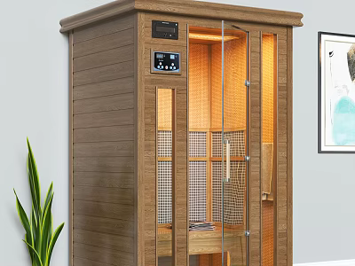 Modern Wooden Sauna Cabin With Glass Door Control Panel Lighting And Green Plant In Interior 3d model