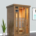 Modern Wooden Sauna Cabin With Glass Door Control Panel Lighting And Green Plant In Interior