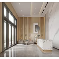Modern Lobby Reception Desk With Marble Wall And Wooden Panel Lighting Decor