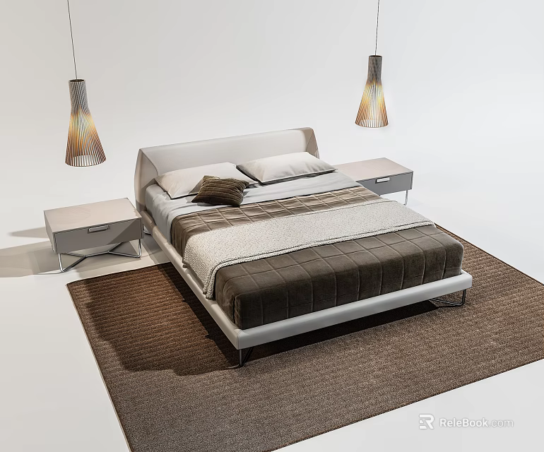 Modern Double Bed With White Headboard Nightstands And Pendant Lights On Brown Rug 3d model 