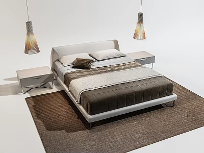 Modern Double Bed With White Headboard Nightstands And Pendant Lights On Brown Rug 3d model