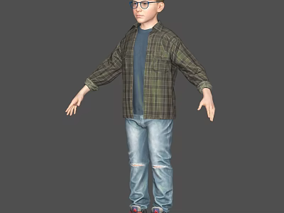 Man In Green Plaid Shirt Blue T-shirt Ripped Jeans Red Shoes Glasses With Arms Outstretched 3d model