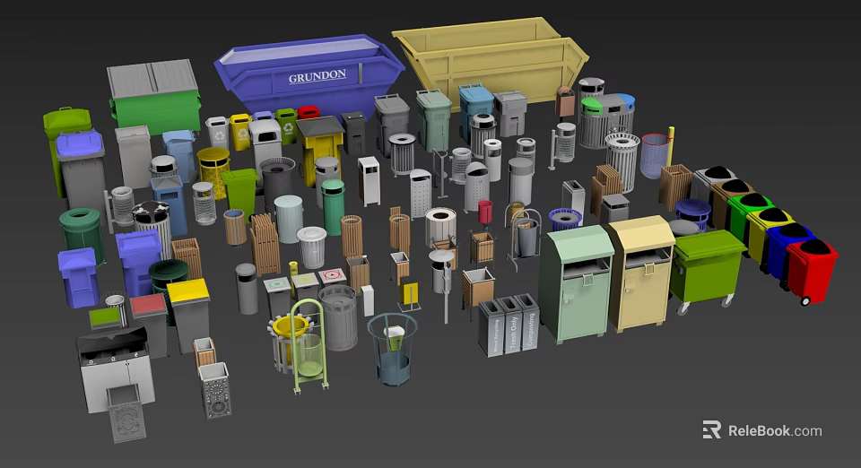 Trash Bins In Various Colors Different Styles And Multiple Sizes For Waste Management 3d model