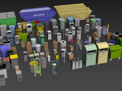 Trash Bins In Various Colors Different Styles And Multiple Sizes For Waste Management 3d model