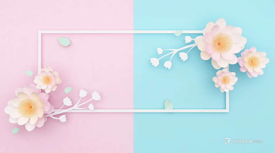 Pink And Blue Background With White Frame Decorated By Paper Flowers And Leaves 3d model 
