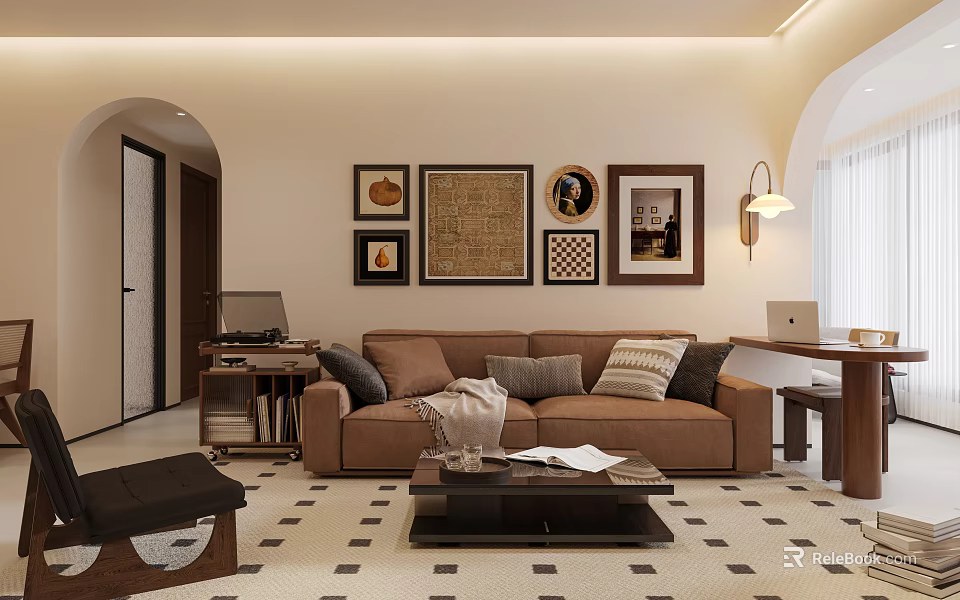 Modern Living Dining Room With Brown Sofa Framed Artworks And Coffee Table On Patterned Rug 3d model 