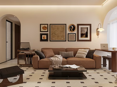 Modern Living Dining Room With Brown Sofa Framed Artworks And Coffee Table On Patterned Rug 3d model