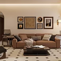 Modern Living Dining Room With Brown Sofa Framed Artworks And Coffee Table On Patterned Rug