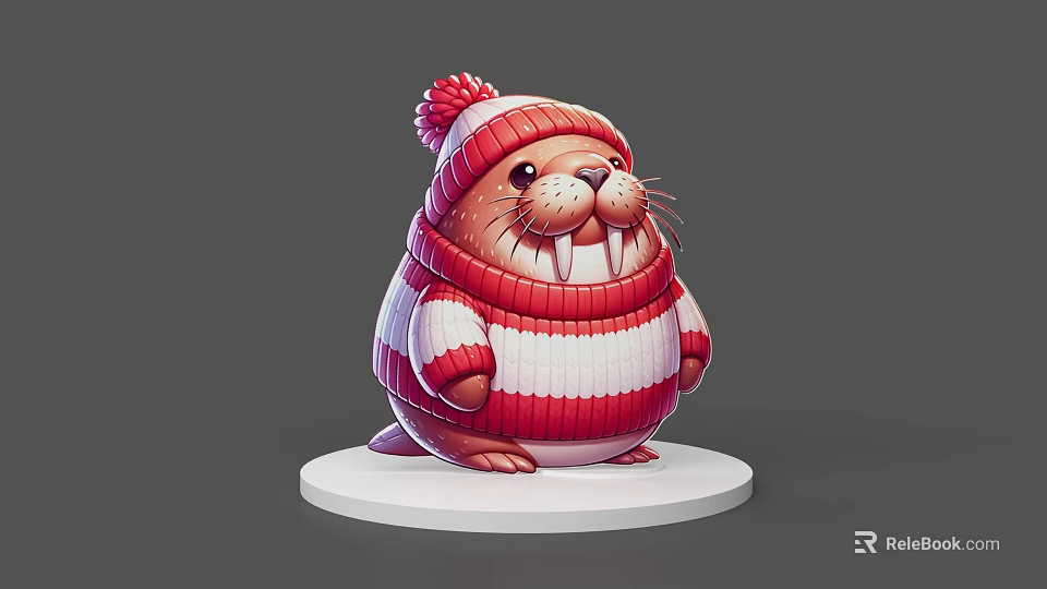 Cute Walrus Game Character Wearing Red White Striped Sweater And Pom Pom Hat On Base 3d model 