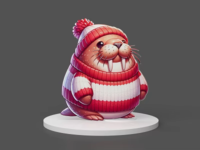 Cute Walrus Game Character Wearing Red White Striped Sweater And Pom Pom Hat On Base 3d model