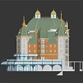 Elegant European Style Building With Green Domes Arched Doorway Yellow White Facades And Glass Structure