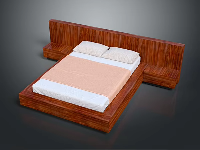 Modern Wooden Double Bed With Headboard Bedside Tables Mattress And Pillows 3d model